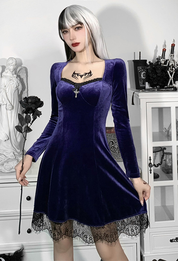 Women Fashion Gothic Fall Dress Witch Elegant Dress Retro Style Velvet Cross Decorated Lace Hem Long Sleeve Dress Women Fashion Gothic Fall Dress Witch Elegant Dress Retro Style Velvet Cross Decorated Lace Hem Long Sleeve Dress