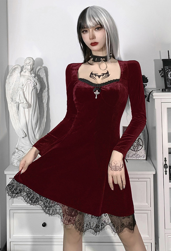 Women Fashion Gothic Fall Dress Witch Elegant Dress Retro Style Velvet Cross Decorated Lace Hem Long Sleeve Dress Women Fashion Gothic Fall Dress Witch Elegant Dress Retro Style Velvet Cross Decorated Lace Hem Long Sleeve Dress