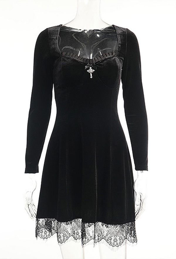 Women Fashion Gothic Fall Dress Witch Elegant Dress Retro Style Velvet Cross Decorated Lace Hem Long Sleeve Dress Women Fashion Gothic Fall Dress Witch Elegant Dress Retro Style Velvet Cross Decorated Lace Hem Long Sleeve Dress