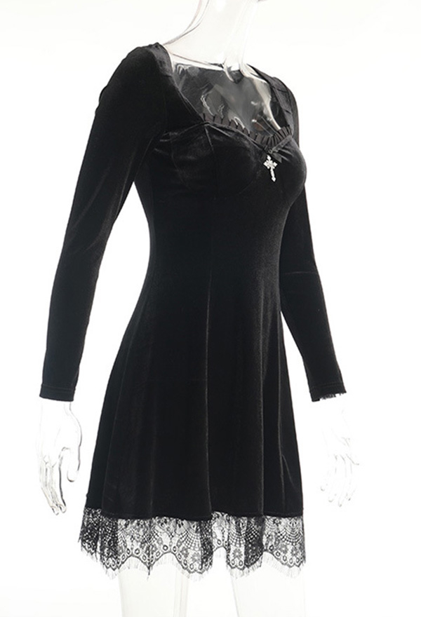 Women Fashion Gothic Fall Dress Witch Elegant Dress Retro Style Velvet Cross Decorated Lace Hem Long Sleeve Dress Women Fashion Gothic Fall Dress Witch Elegant Dress Retro Style Velvet Cross Decorated Lace Hem Long Sleeve Dress