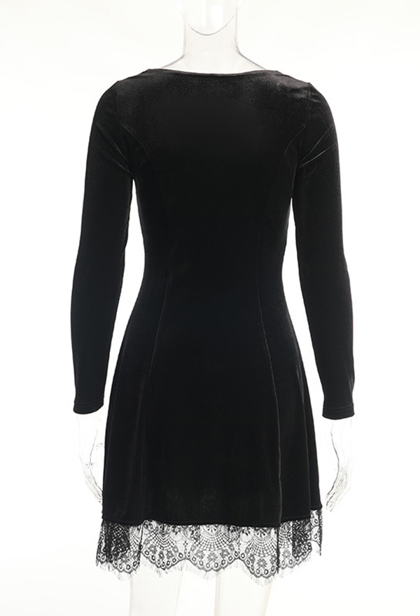 Women Fashion Gothic Fall Dress Witch Elegant Dress Retro Style Velvet Cross Decorated Lace Hem Long Sleeve Dress Women Fashion Gothic Fall Dress Witch Elegant Dress Retro Style Velvet Cross Decorated Lace Hem Long Sleeve Dress
