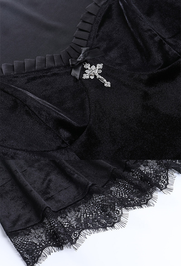 Women Fashion Gothic Fall Dress Witch Elegant Dress Retro Style Velvet Cross Decorated Lace Hem Long Sleeve Dress Women Fashion Gothic Fall Dress Witch Elegant Dress Retro Style Velvet Cross Decorated Lace Hem Long Sleeve Dress