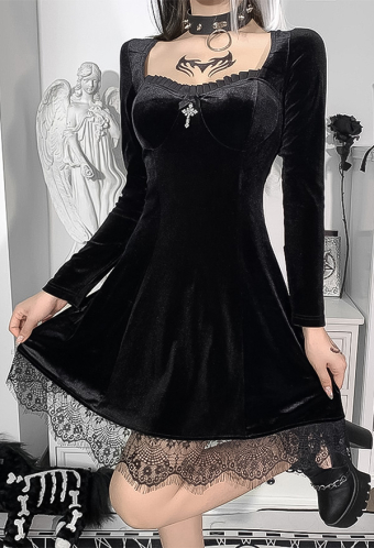Women Fashion Gothic Fall Dress Witch Elegant Dress Retro Style Velvet Cross Decorated Lace Hem Long Sleeve Dress