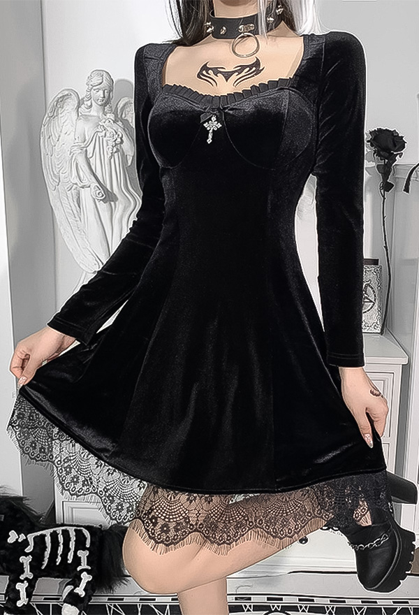 Women Fashion Gothic Fall Dress Witch Elegant Dress Retro Style Velvet Cross Decorated Lace Hem Long Sleeve Dress Women Fashion Gothic Fall Dress Witch Elegant Dress Retro Style Velvet Cross Decorated Lace Hem Long Sleeve Dress