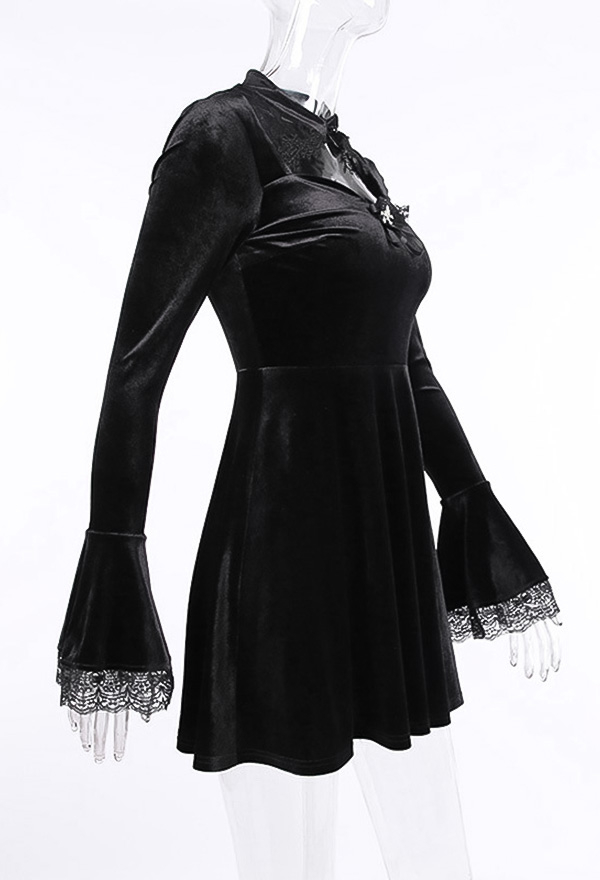 Gothic Dark Witch Elegant Dress Retro Style Black Velvet Hollow Chest Flared Long Sleeves Lace Decorated Mini Dress