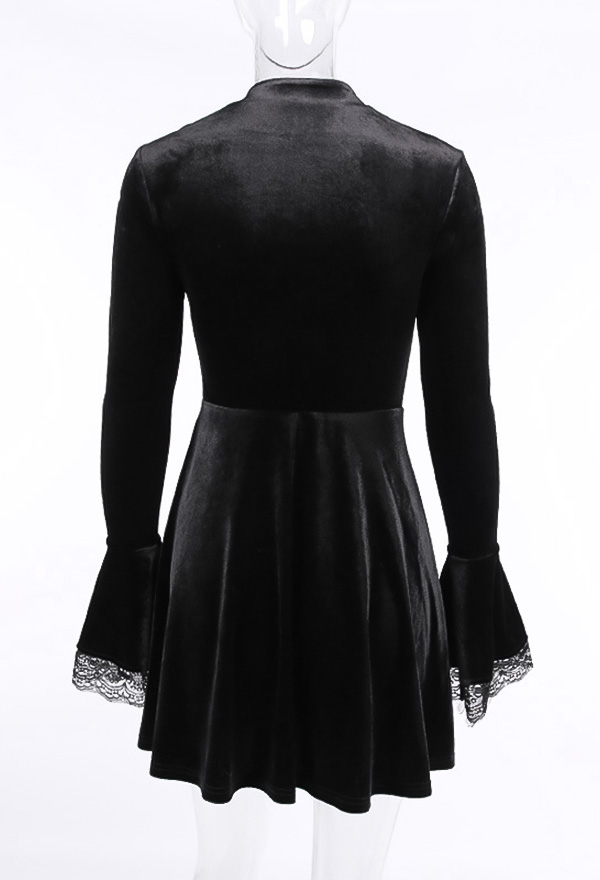 Gothic Dark Witch Elegant Dress Retro Style Black Velvet Hollow Chest Flared Long Sleeves Lace Decorated Mini Dress