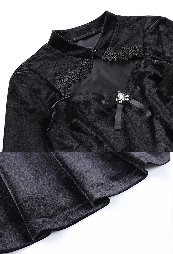 Gothic Dark Witch Elegant Dress Retro Style Black Velvet Hollow Chest Flared Long Sleeves Lace Decorated Mini Dress