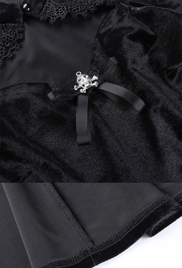 Gothic Dark Witch Elegant Dress Retro Style Black Velvet Hollow Chest Flared Long Sleeves Lace Decorated Mini Dress