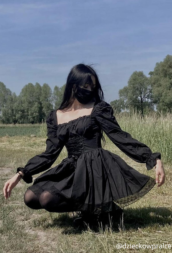 Women Fall Grunge Outfit Stylish Long Puff Sleeve Mini Dress Gothic Mall Goth Polyester High Waist Front Strap Lace Hem Dress