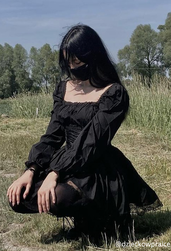 Women Fall Grunge Outfit Stylish Long Puff Sleeve Mini Dress Gothic Mall Goth Polyester High Waist Front Strap Lace Hem Dress