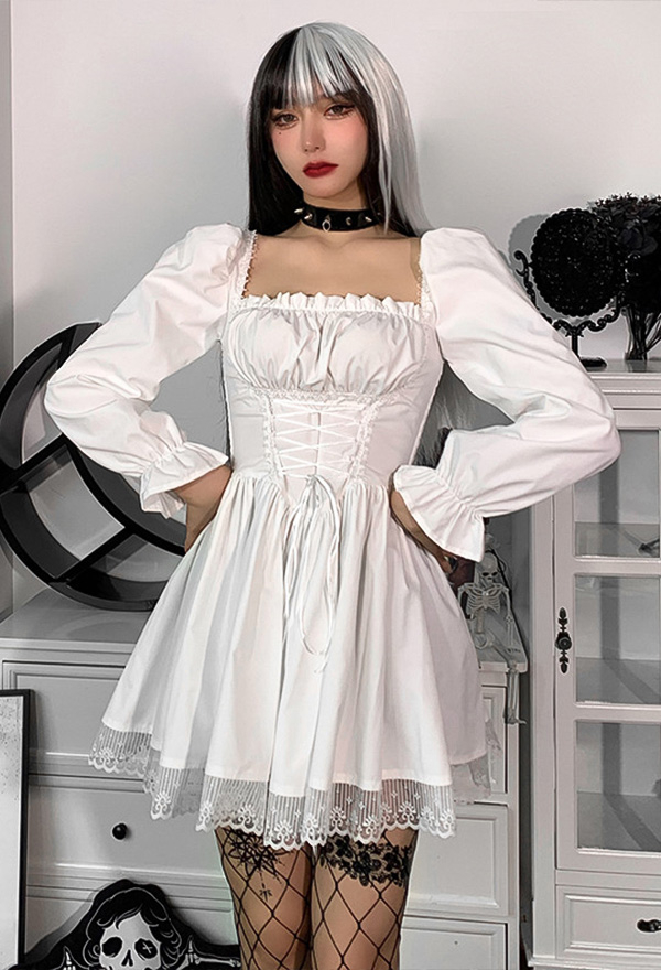 Women Fall Grunge Outfit Stylish Long Puff Sleeve Mini Dress Gothic Mall Goth Polyester High Waist Front Strap Lace Hem Dress