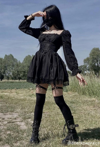 Women Fall Grunge Outfit Stylish Long Puff Sleeve Mini Dress Gothic Mall Goth Polyester High Waist Front Strap Lace Hem Dress