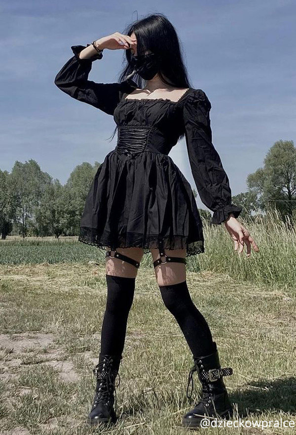 Women Fall Grunge Outfit Stylish Long Puff Sleeve Mini Dress Gothic Mall Goth Polyester High Waist Front Strap Lace Hem Dress