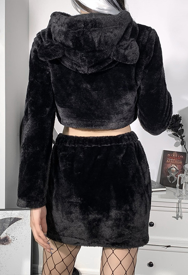 Women Aesthetic Grunge Fashion Two Piece Set Dark Goth Style Black Cotton Long Sleeve Cat Ear Hat Hoodie Crop Top and Mini Skirt Set for Fall and Winter Women Aesthetic Grunge Fashion Two Piece Set Dark Goth Style Black Cotton Long Sleeve Cat Ear Hat Hoodie Crop Top and Mini Skirt Set for Fall and Winter