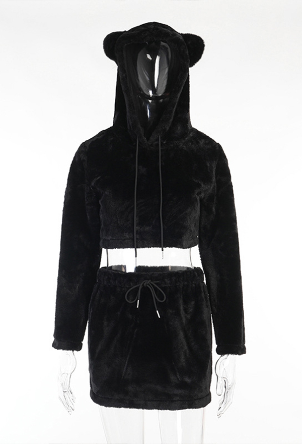 Women Aesthetic Grunge Fashion Two Piece Set Dark Goth Style Black Cotton Long Sleeve Cat Ear Hat Hoodie Crop Top and Mini Skirt Set for Fall and Winter Women Aesthetic Grunge Fashion Two Piece Set Dark Goth Style Black Cotton Long Sleeve Cat Ear Hat Hoodie Crop Top and Mini Skirt Set for Fall and Winter