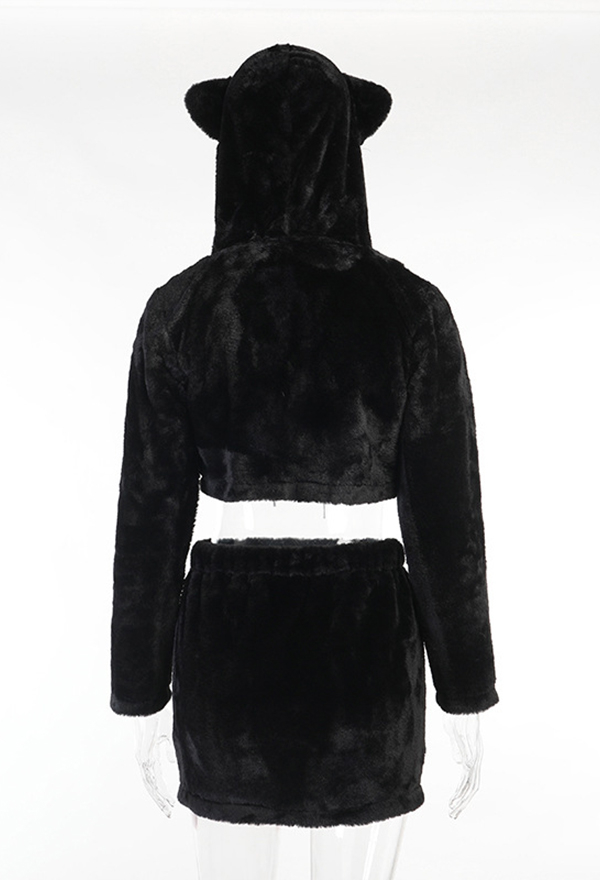 Women Aesthetic Grunge Fashion Two Piece Set Dark Goth Style Black Cotton Long Sleeve Cat Ear Hat Hoodie Crop Top and Mini Skirt Set for Fall and Winter Women Aesthetic Grunge Fashion Two Piece Set Dark Goth Style Black Cotton Long Sleeve Cat Ear Hat Hoodie Crop Top and Mini Skirt Set for Fall and Winter