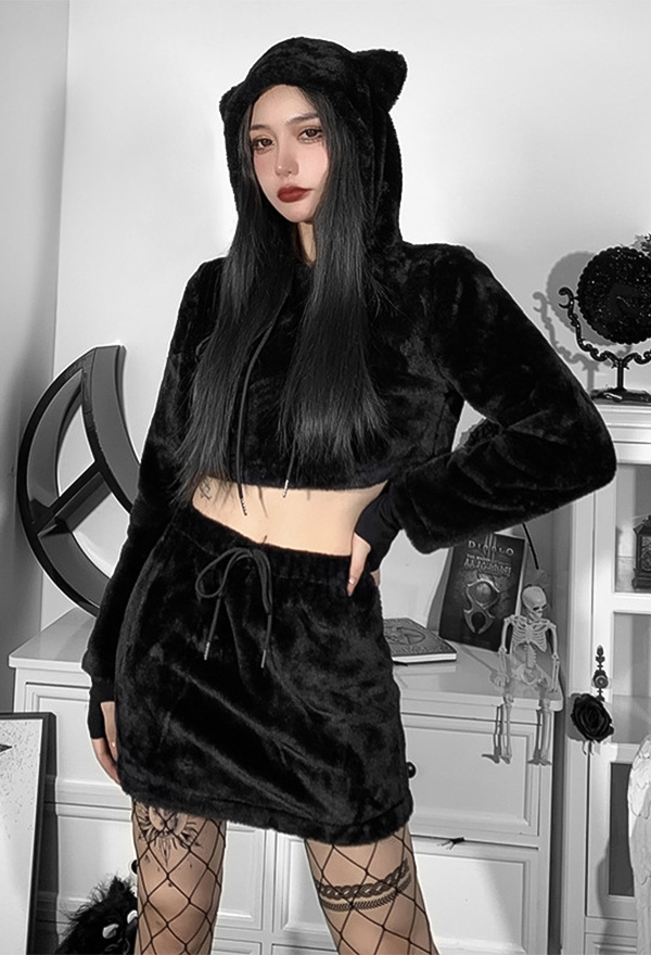 Women Aesthetic Grunge Fashion Two Piece Set Dark Goth Style Black Cotton Long Sleeve Cat Ear Hat Hoodie Crop Top and Mini Skirt Set for Fall and Winter Women Aesthetic Grunge Fashion Two Piece Set Dark Goth Style Black Cotton Long Sleeve Cat Ear Hat Hoodie Crop Top and Mini Skirt Set for Fall and Winter