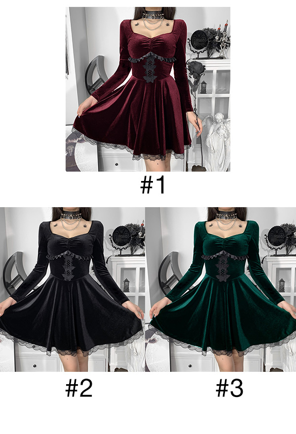 Women Fall Stylish Show Breast Cocktail Mini Dress Gothic Velvet Front Butterfly Embroidery Lace Hem Long Sleeve A-line Dress