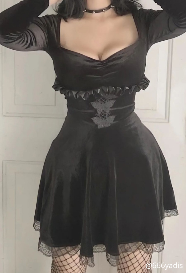 Women Fall Stylish Show Breast Cocktail Mini Dress Gothic Velvet Front Butterfly Embroidery Lace Hem Long Sleeve A-line Dress