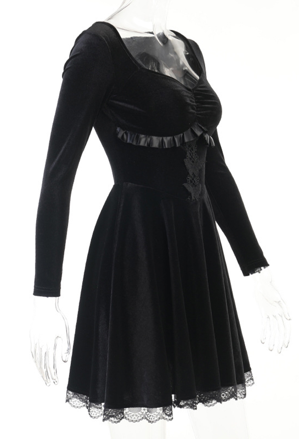 Women Fall Stylish Show Breast Cocktail Mini Dress Gothic Velvet Front Butterfly Embroidery Lace Hem Long Sleeve A-line Dress