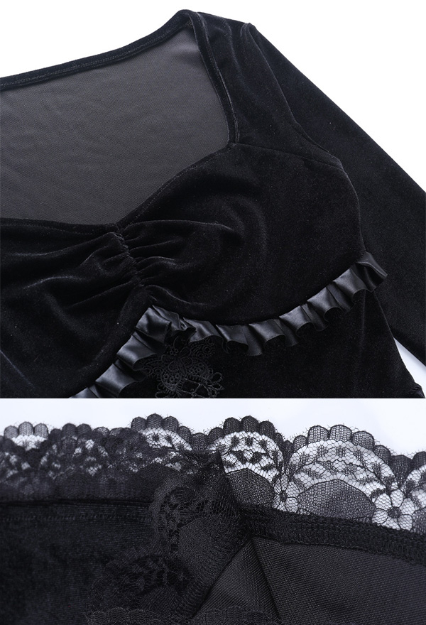 Women Fall Stylish Show Breast Cocktail Mini Dress Gothic Velvet Front Butterfly Embroidery Lace Hem Long Sleeve A-line Dress
