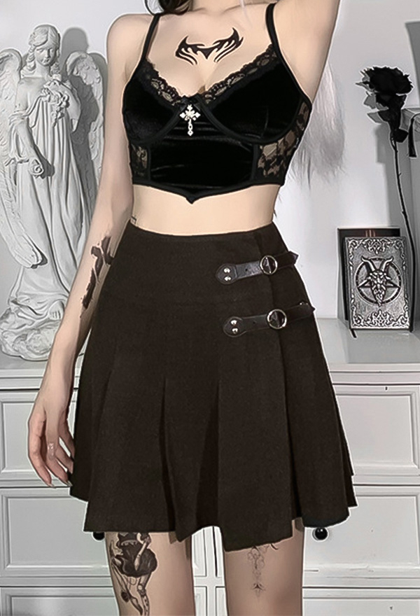 Gothic Grunge Aesthetic Pleated Skirt Punk Style Brown Cotton PU Buckle Decorated Patchwork Mini Skirt Gothic Grunge Aesthetic Pleated Skirt Punk Style Brown Cotton PU Buckle Decorated Patchwork Mini Skirt