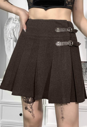 Gothic Grunge Aesthetic Pleated Skirt Punk Style Brown Cotton PU Buckle Decorated Patchwork Mini Skirt