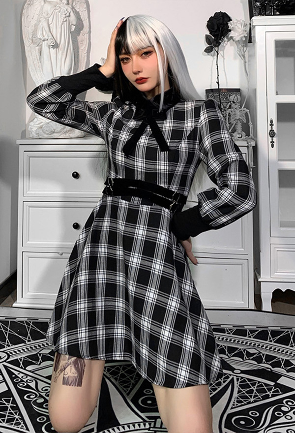 Haunted E-Girl Plaid Dress Grunge Style Black and White Bow Decorated Long Sleeve Lapel A-line Dress