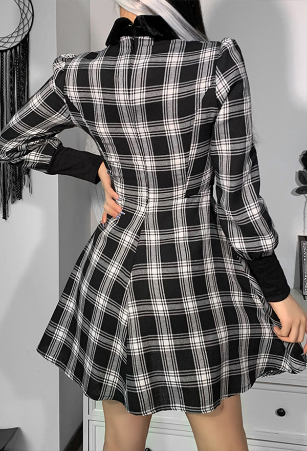 Haunted E-Girl Plaid Dress Grunge Style Black and White Bow Decorated Long Sleeve Lapel A-line Dress