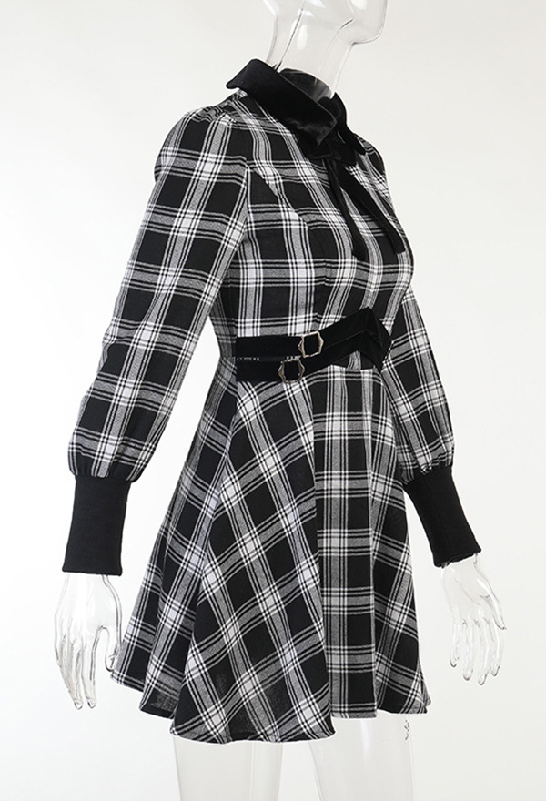 Haunted E-Girl Plaid Dress Grunge Style Black and White Bow Decorated Long Sleeve Lapel A-line Dress