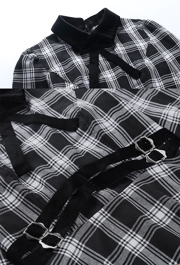 Haunted E-Girl Plaid Dress Grunge Style Black and White Bow Decorated Long Sleeve Lapel A-line Dress