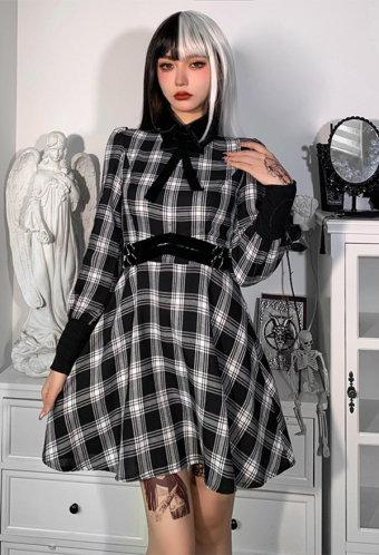 Haunted E-Girl Plaid Dress Grunge Style Black and White Bow Decorated Long Sleeve Lapel A-line Dress
