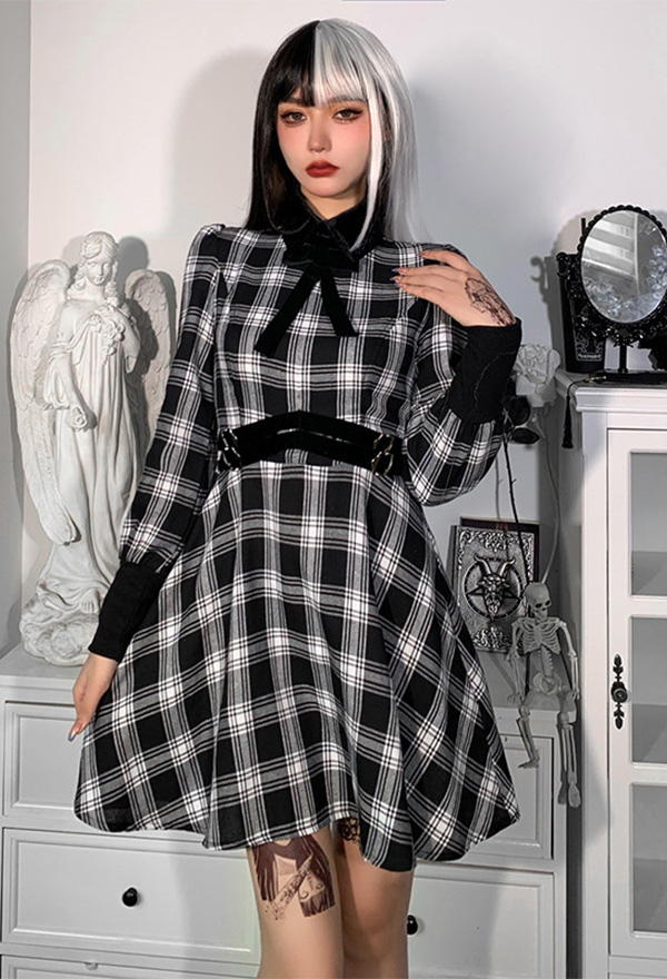 Haunted E-Girl Plaid Dress Grunge Style Black and White Bow Decorated Long Sleeve Lapel A-line Dress