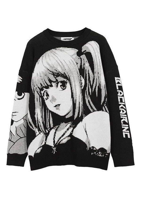 Miss Misa Unisex Black Crewneck Knitted Graphic Long Sleeve Grunge Oversize Pullover Sweater for Fall and Winter Miss Misa Unisex Black Crewneck Knitted Graphic Long Sleeve Grunge Oversize Pullover Sweater for Fall and Winter