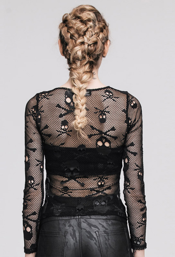 Gothic Hot Hollow Out Basic Shirt Dark Style Black Mesh See Through Skull Pattern Long Sleeve Slim Fit Bottoming Shirt