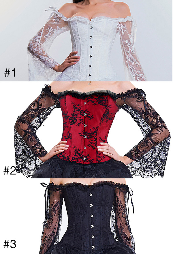 Meowcos Gothic Victorian Wedding Lace Top French Style Cotton Off the Shoulder Lace Sheer Long Sleeves Overbust Bridal Corset Top