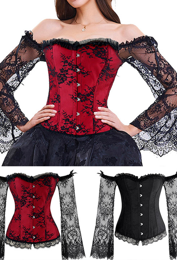 Meowcos Gothic Victorian Wedding Lace Top French Style Cotton Off the Shoulder Lace Sheer Long Sleeves Overbust Bridal Corset Top