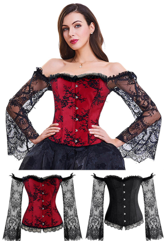 Meowcos Gothic Victorian Wedding Lace Top French Style Cotton Off the Shoulder Lace Sheer Long Sleeves Overbust Bridal Corset Top