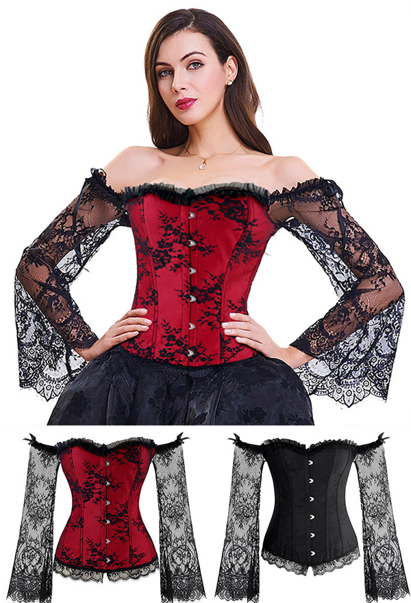 Meowcos Gothic Victorian Wedding Lace Top French Style Cotton Off the Shoulder Lace Sheer Long Sleeves Overbust Bridal Corset Top