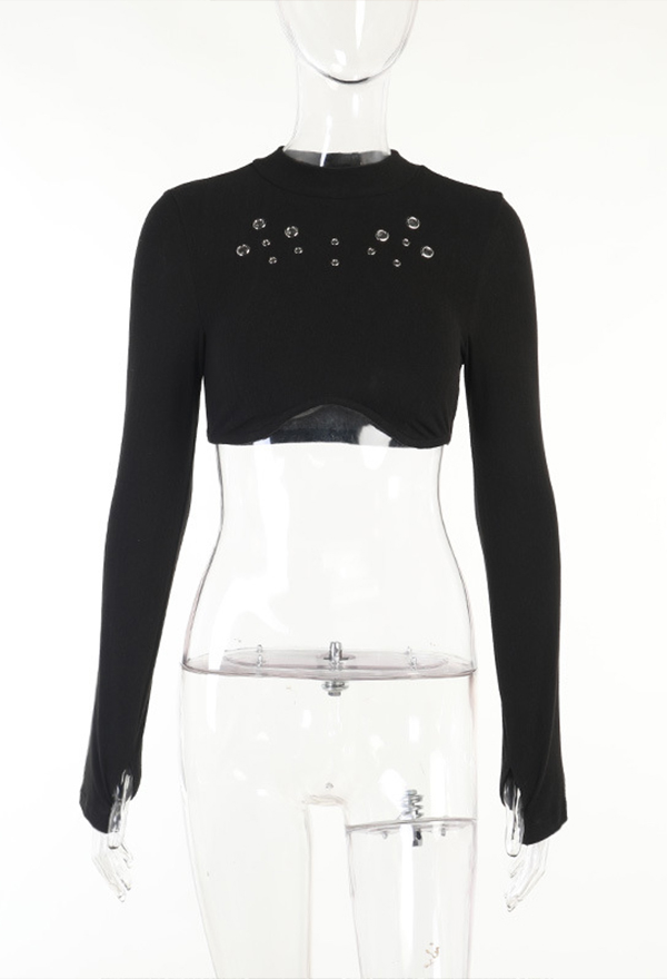 Women Fall Outfit Hot Party Wear Bottoming Shirt Punk Style Black Eyelets Decorated Long Sleeves Turtle Neck Navel Top