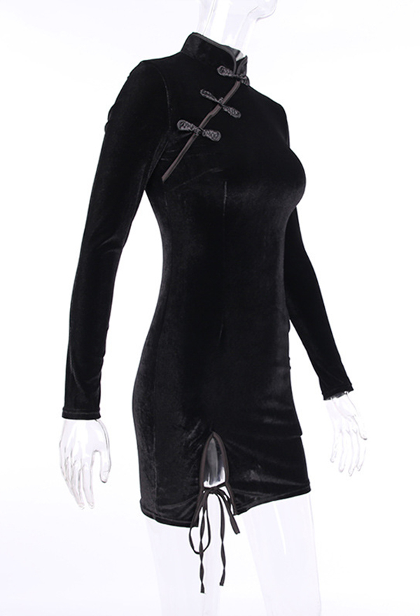 Women Stunning Fashion Gothic Improved Cheongsam Dress Vintage Style Black Velvet Long Sleeves Side Split with Straps Cocktail Party Mini Dress