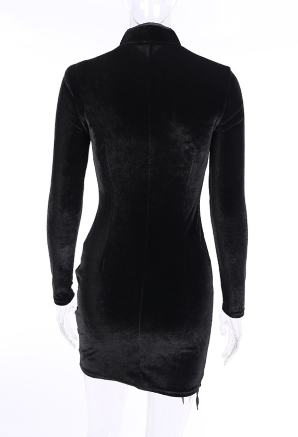 Women Stunning Fashion Gothic Improved Cheongsam Dress Vintage Style Black Velvet Long Sleeves Side Split with Straps Cocktail Party Mini Dress