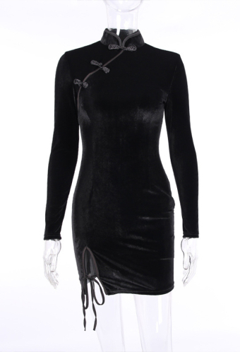 Women Stunning Fashion Gothic Improved Cheongsam Dress Vintage Style Black Velvet Long Sleeves Side Split with Straps Cocktail Party Mini Dress