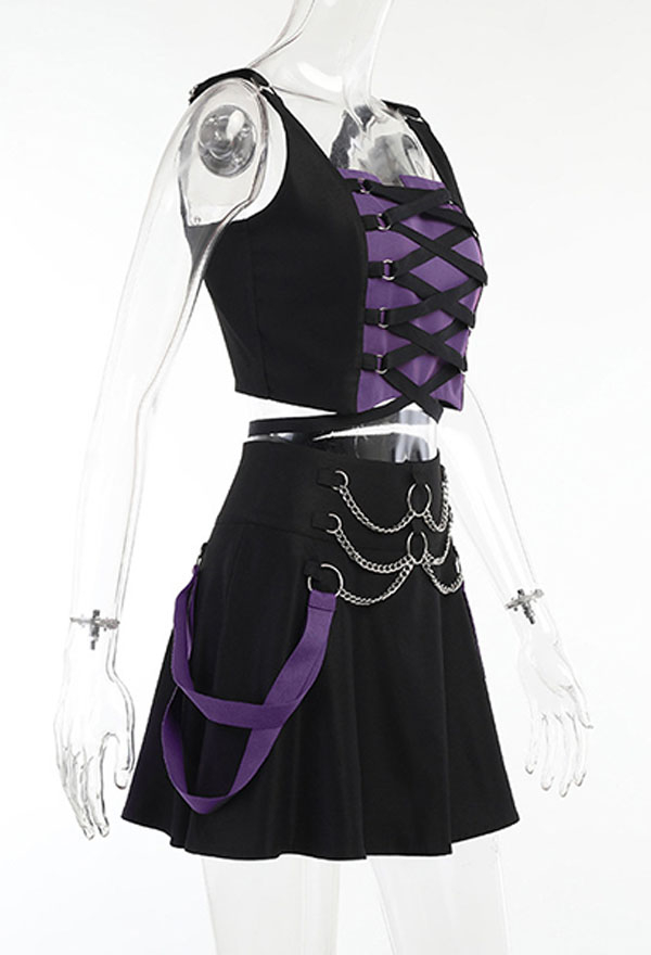 Egirl Fashion Dark Aesthetic Two Piece Set Goth Style Pastel Cross Strap Cami Top Layered Chain Decorated Mini Skirt Spring Set