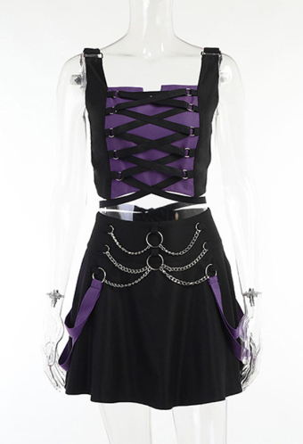 Egirl Fashion Dark Aesthetic Two Piece Set Goth Style Pastel Cross Strap Cami Top Layered Chain Decorated Mini Skirt Spring Set