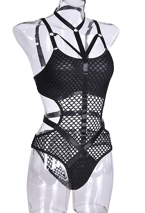 SHAPE YOUR SECRET Gothic Sexy Halter Lingerie Dark Style Strap Decorated Chest Mesh Hollowed Waist See Through Bodysuit Lingerie SHAPE YOUR SECRET Gothic Sexy Halter Lingerie Dark Style Strap Decorated Chest Mesh Hollowed Waist See Through Bodysuit Lingerie