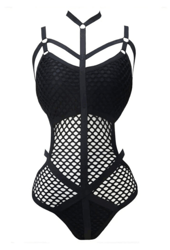 SHAPE YOUR SECRET Gothic Sexy Halter Lingerie Dark Style Strap Decorated Chest Mesh Hollowed Waist See Through Bodysuit Lingerie