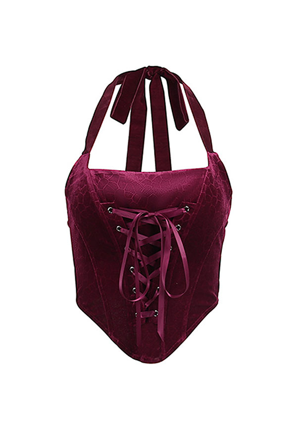 Gothic Fashion Share Your Blood Vampire Top Hot Style Wine Red Velvet Lace Up Irregular Hem Halter Sleeveless Top