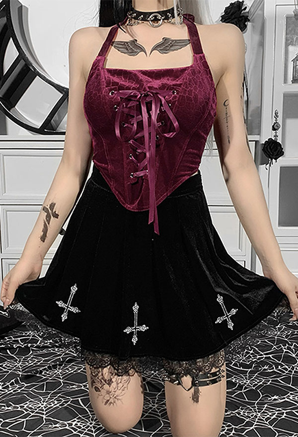 Gothic Fashion Share Your Blood Vampire Top Hot Style Wine Red Velvet Lace Up Irregular Hem Halter Sleeveless Top