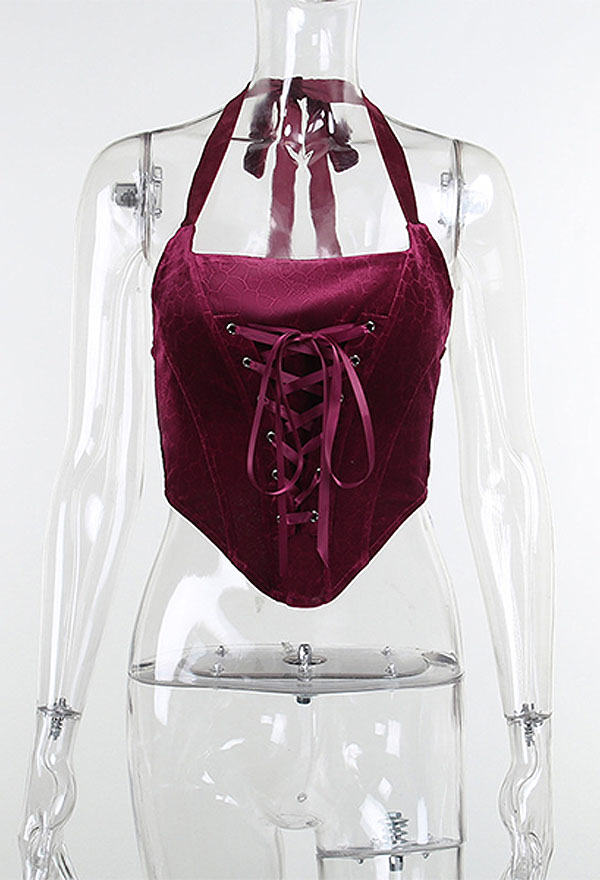 Gothic Fashion Share Your Blood Vampire Top Hot Style Wine Red Velvet Lace Up Irregular Hem Halter Sleeveless Top